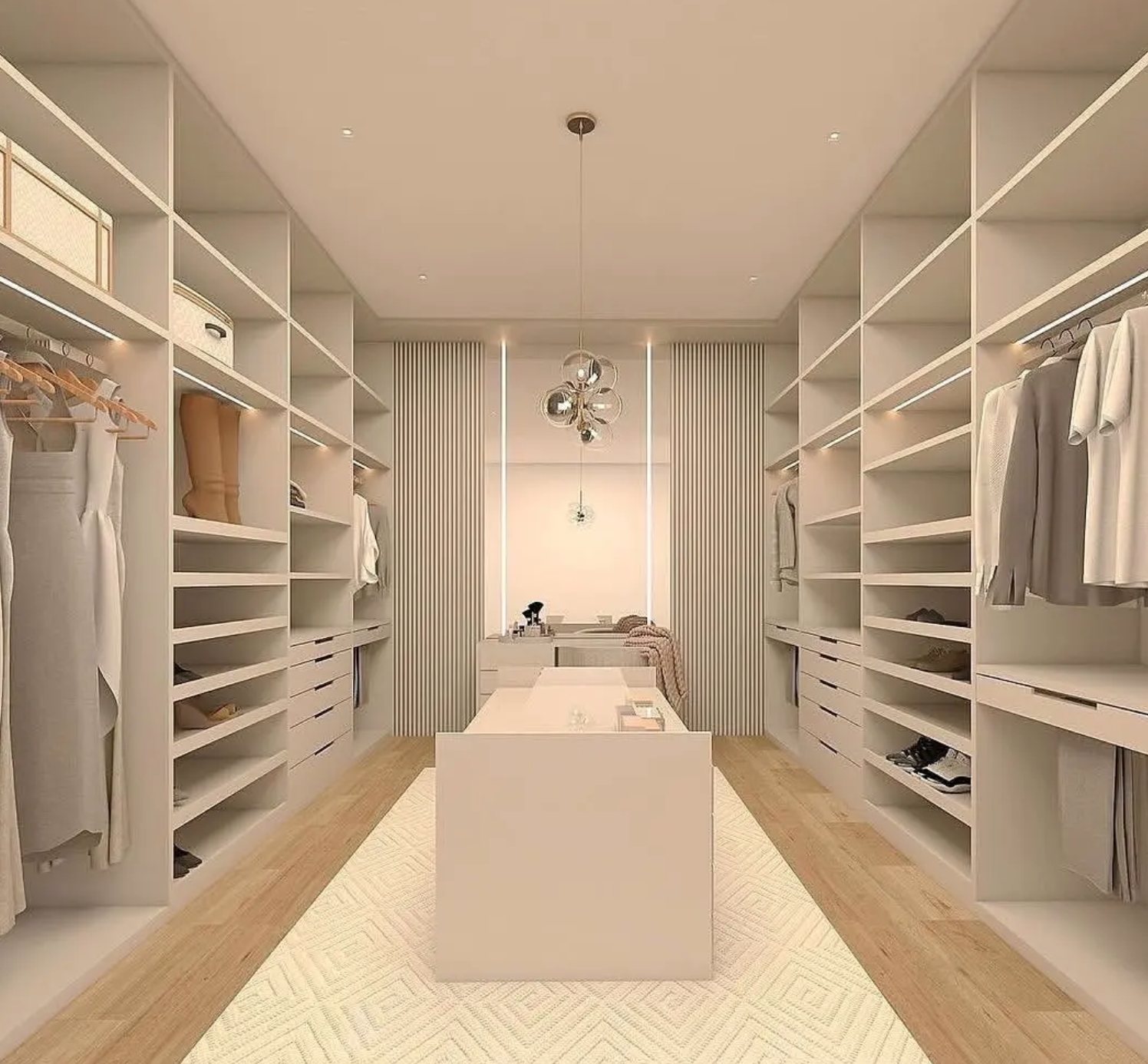 3D render of a walk in dressing room with lit shelving and a central island